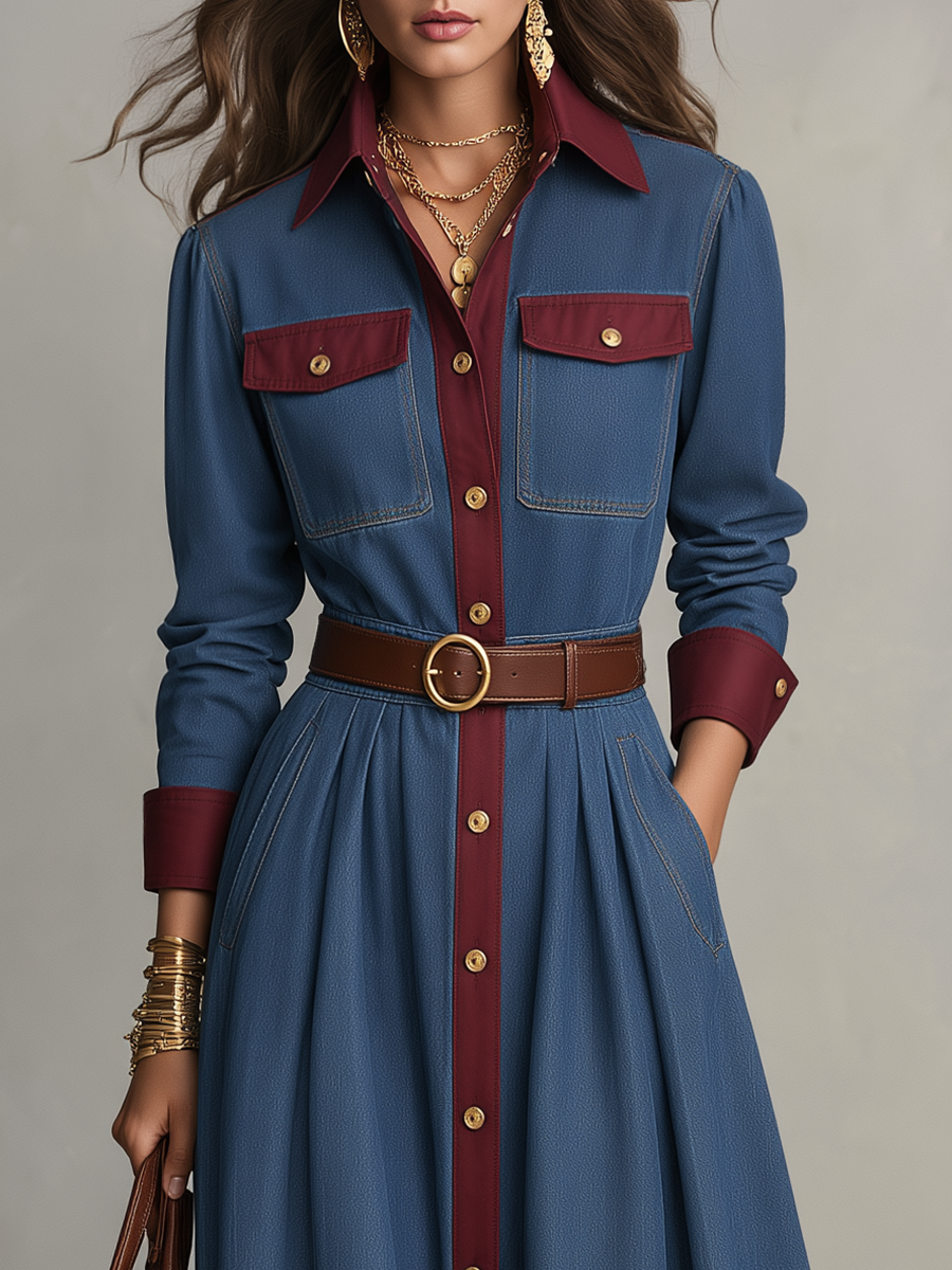 Retro Blue Maxi Dress Featuring Contrast Accents and Denim Belt