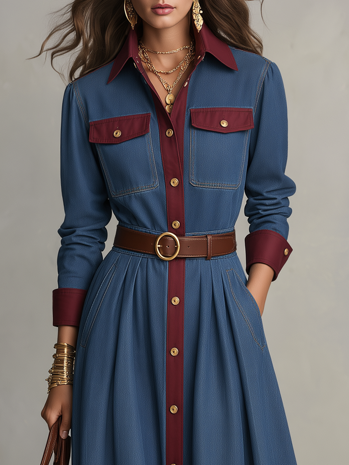Retro Blue Maxi Dress Featuring Contrast Accents and Denim Belt