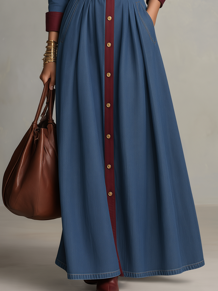 Retro Blue Maxi Dress Featuring Contrast Accents and Denim Belt