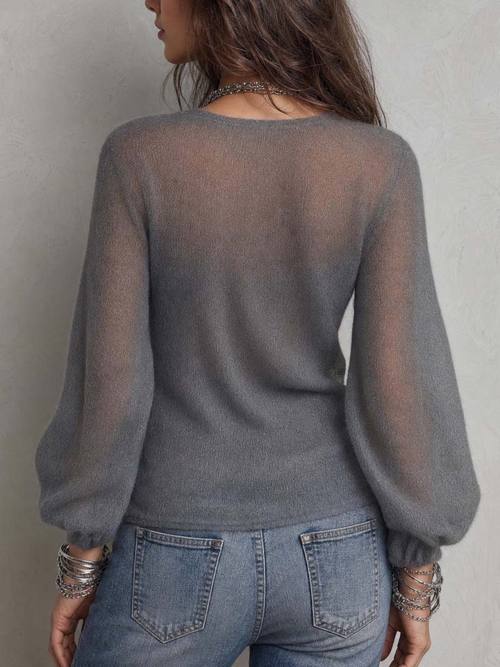 Women's Long Lantern Sleeve Sheer Mohair Blouse