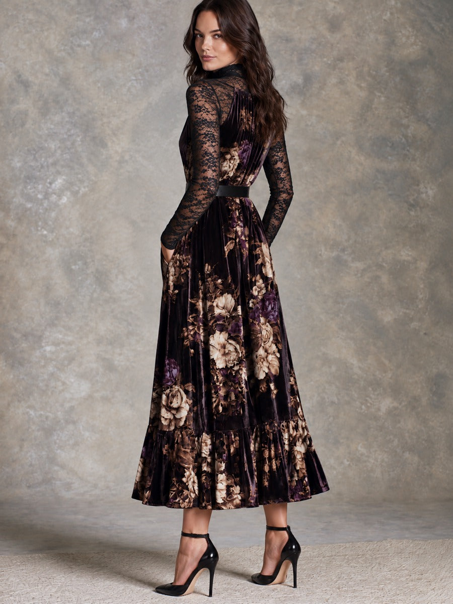 Retro Floral Maxi Dress with Velvet Texture and Black Lace Sleeves