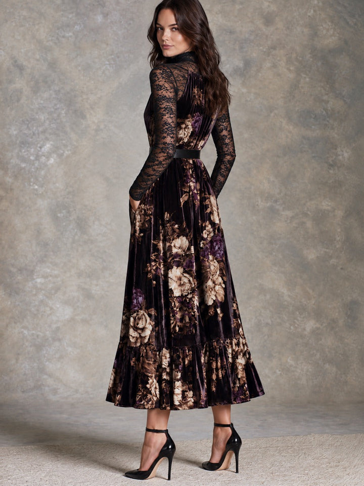Retro Floral Maxi Dress with Velvet Texture and Black Lace Sleeves