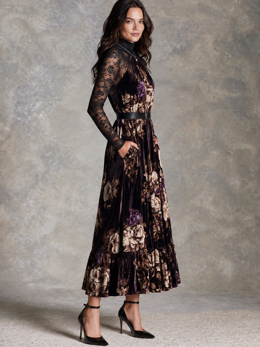 Retro Floral Maxi Dress with Velvet Texture and Black Lace Sleeves