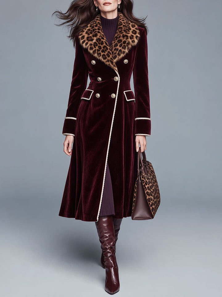 Vintage-Inspired Double-Breasted Velvet Midi Coat with Leopard Print Faux Fur Collar