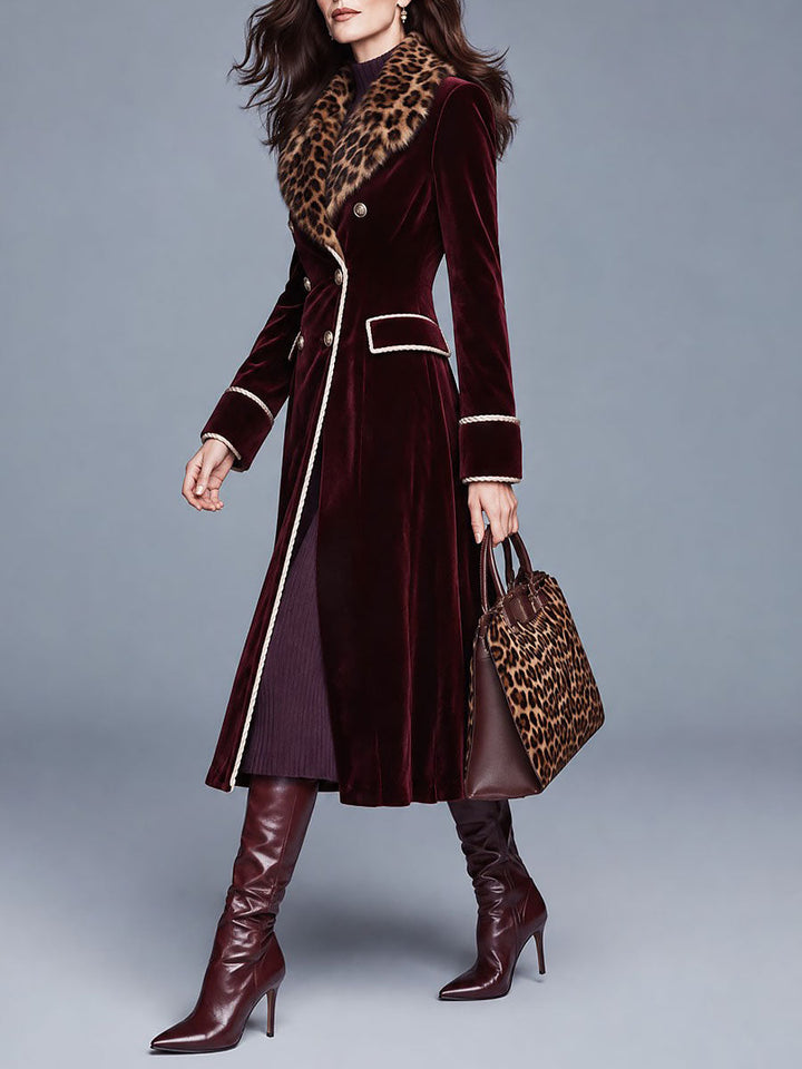 Vintage-Inspired Double-Breasted Velvet Midi Coat with Leopard Print Faux Fur Collar