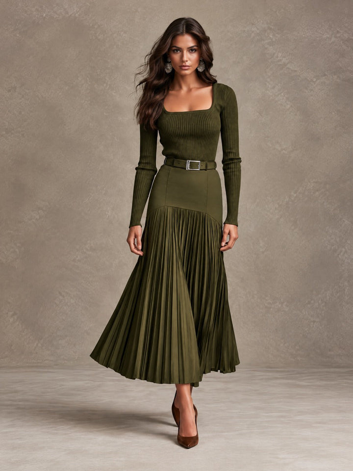 Elegant Olive Knit Maxi Dress with High Waist and Pleated Skirt
