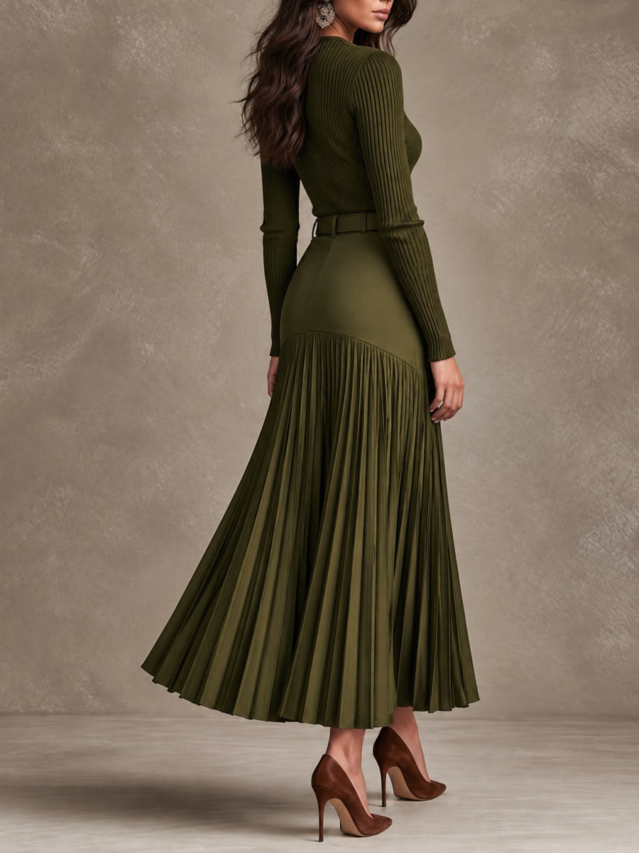 Elegant Olive Knit Maxi Dress with High Waist and Pleated Skirt