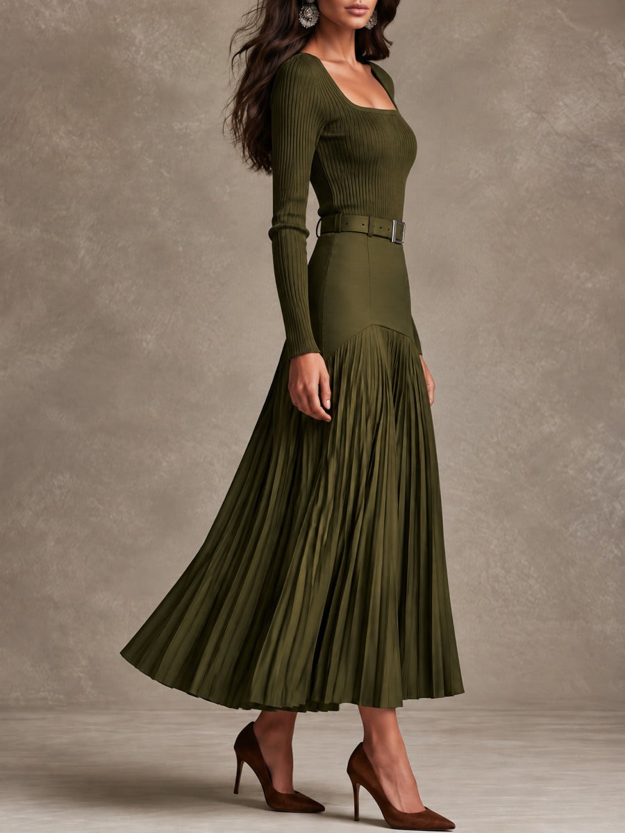 Elegant Olive Knit Maxi Dress with High Waist and Pleated Skirt