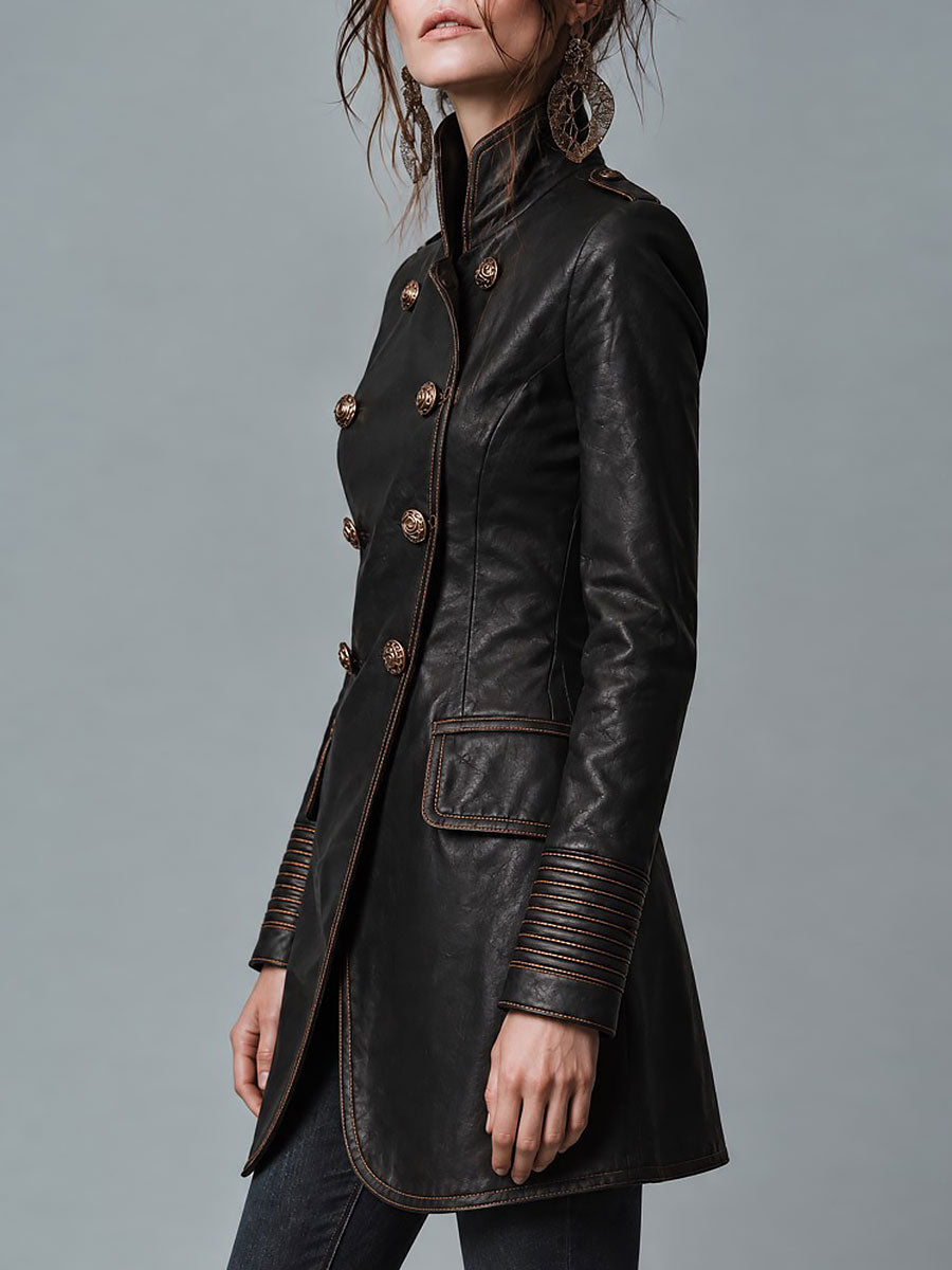 Women's Double-Breasted Military-Inspired Leather Jacket with Contrast Stitching