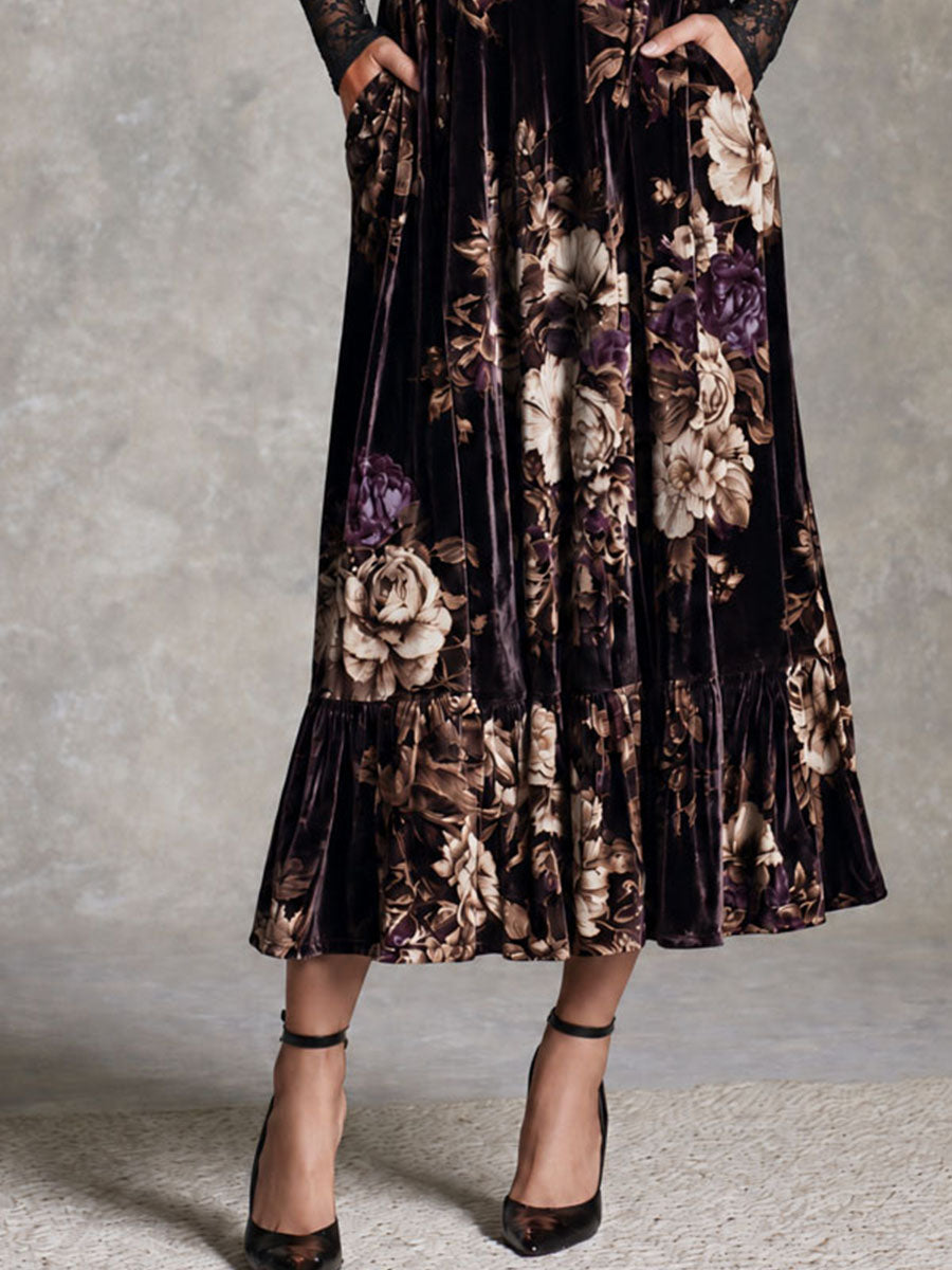 Retro Floral Maxi Dress with Velvet Texture and Black Lace Sleeves
