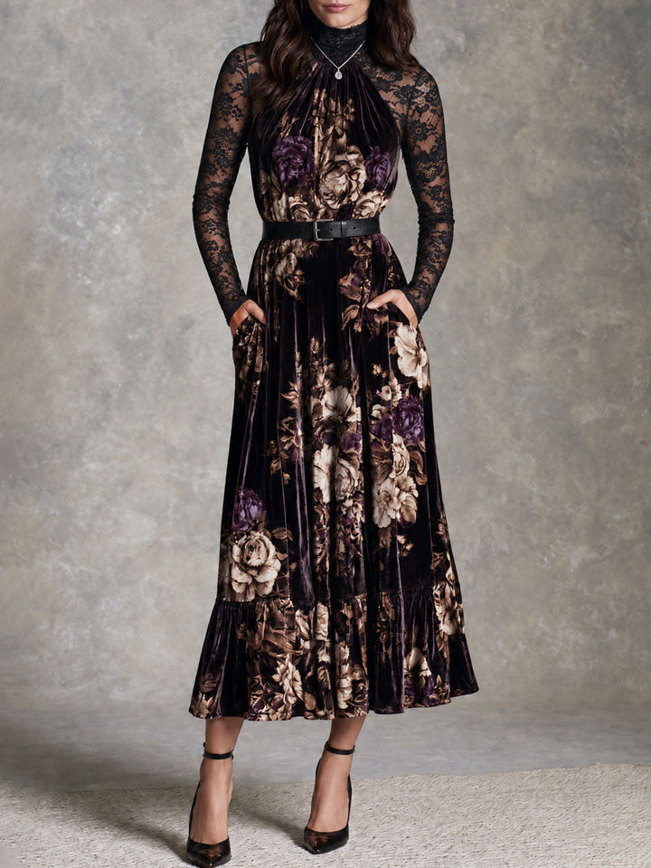 Retro Floral Maxi Dress with Velvet Texture and Black Lace Sleeves