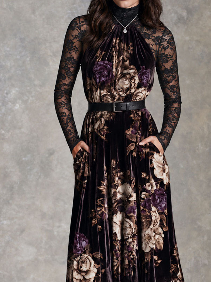 Retro Floral Maxi Dress with Velvet Texture and Black Lace Sleeves