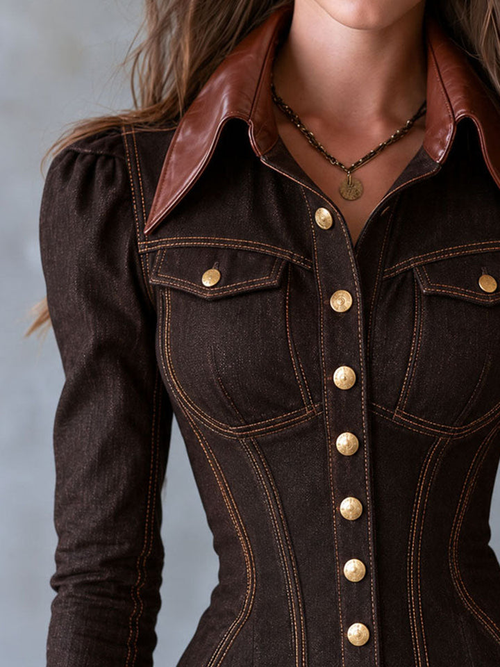 Vintage 70s Denim Jacket with Faux Leather Sleeves and Lapel