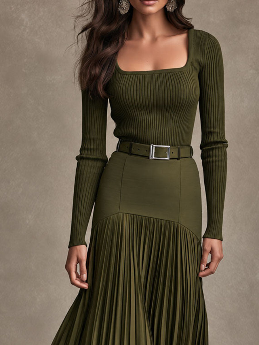 Elegant Olive Knit Maxi Dress with High Waist and Pleated Skirt