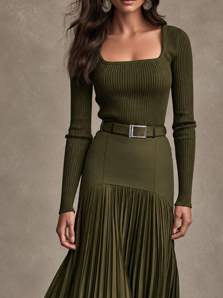 Elegant Olive Knit Maxi Dress with High Waist and Pleated Skirt