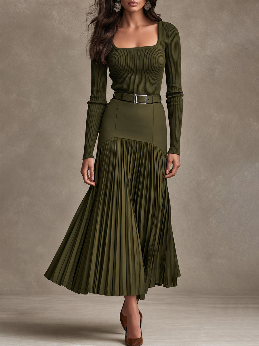 Elegant Olive Knit Maxi Dress with High Waist and Pleated Skirt