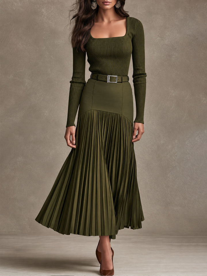 Elegant Olive Knit Maxi Dress with High Waist and Pleated Skirt