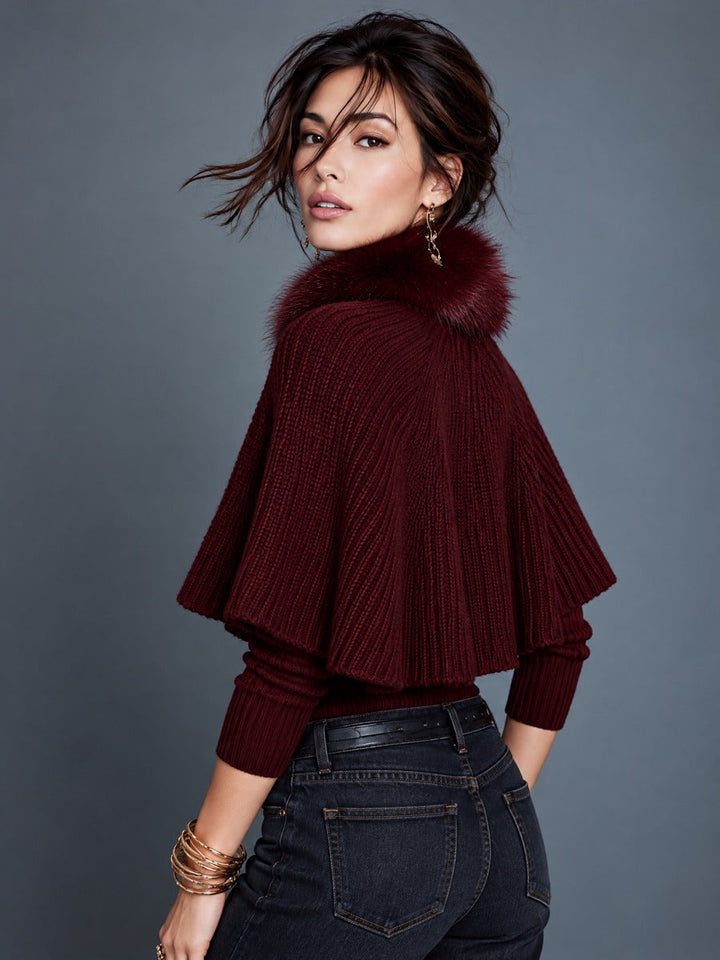 Faux Fur Collar Two-Piece Set: Batwing Sleeve Ribbed Cardigan Cape with Pink Buttons