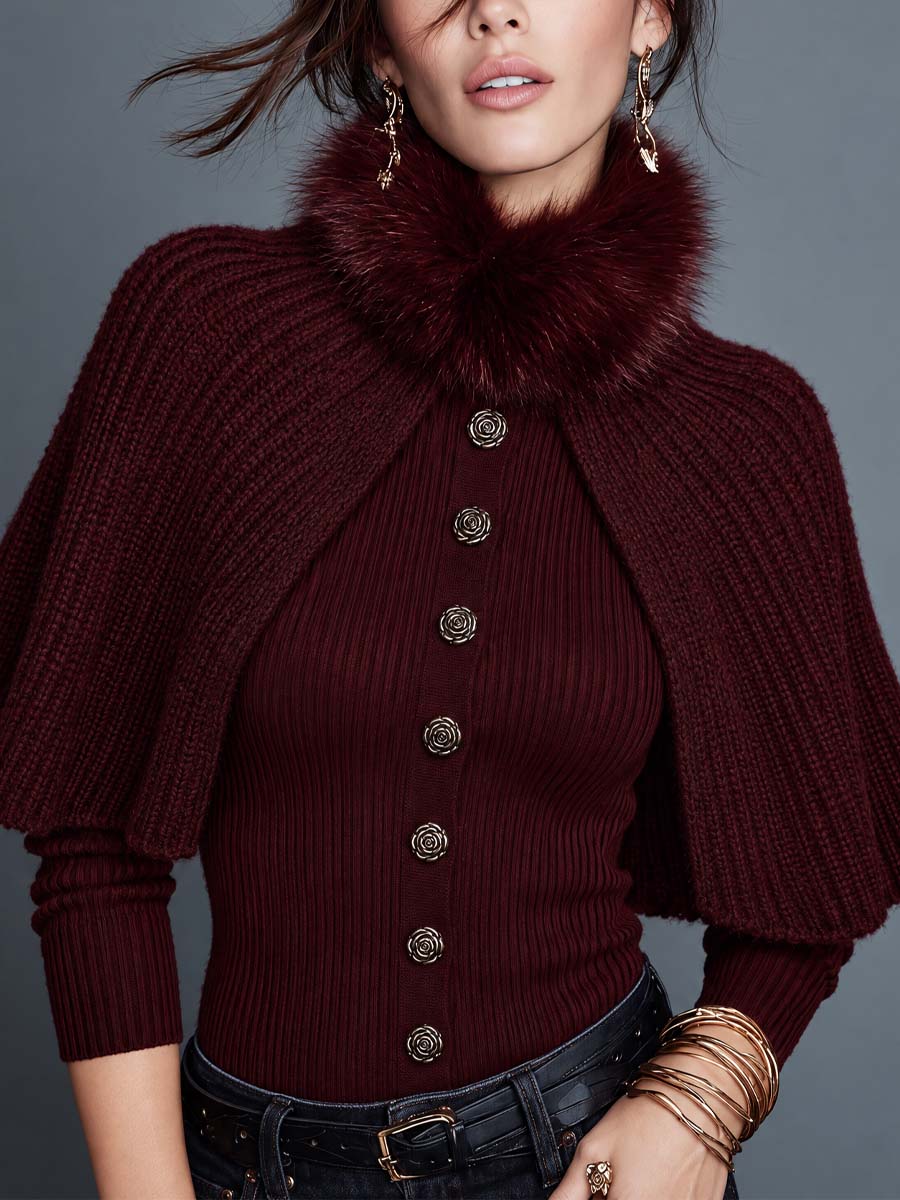 Faux Fur Collar Two-Piece Set: Batwing Sleeve Ribbed Cardigan Cape with Pink Buttons