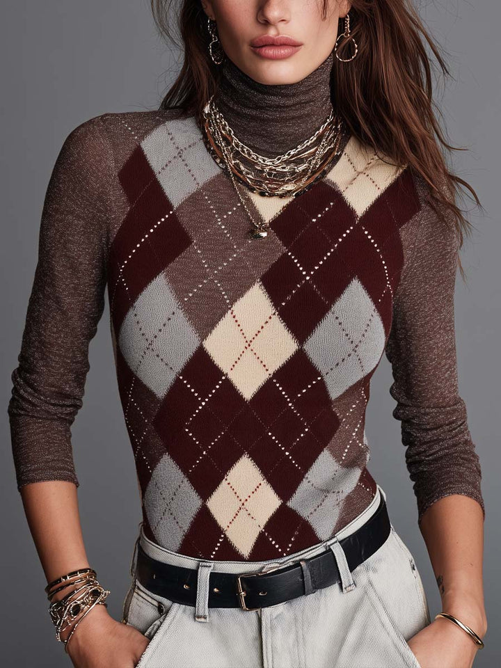 Timeless High-Neck Argyle Knit Sweater