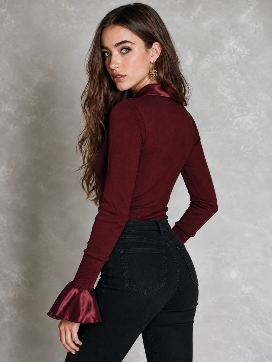 Retro Burgundy Satin Long Sleeve Ribbed Embroidered Blouse