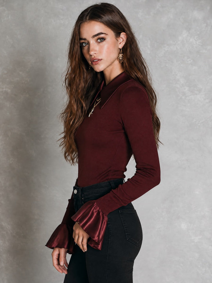 Retro Burgundy Satin Long Sleeve Ribbed Embroidered Blouse
