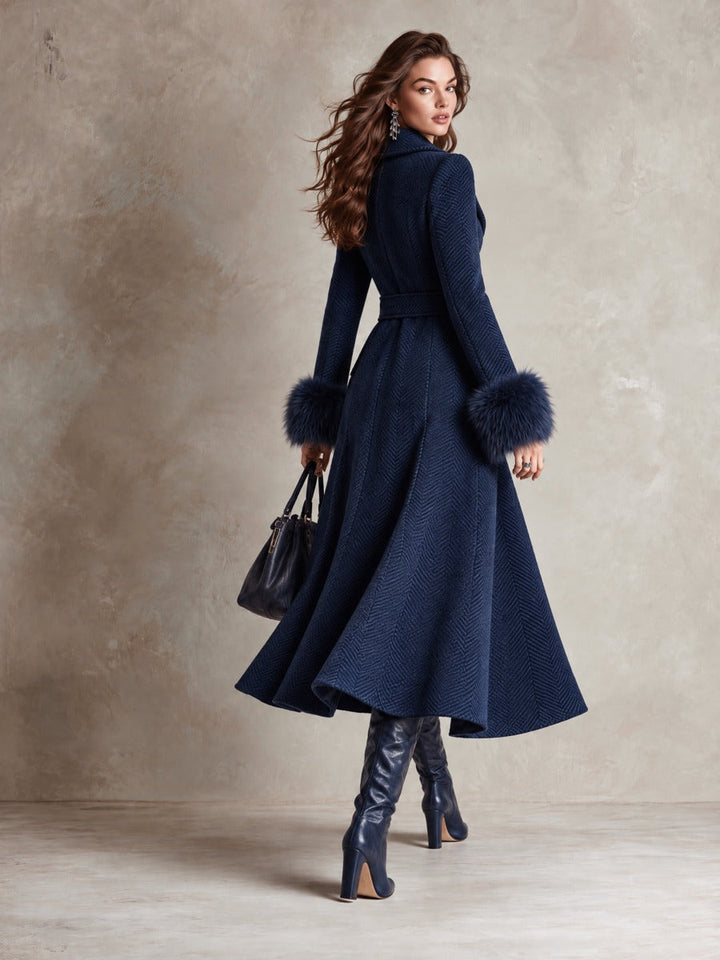 Chic Long Chenille Herringbone Coat with Removable Fur Cuffs