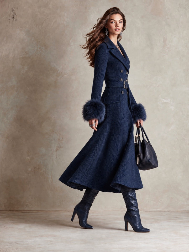 Chic Long Chenille Herringbone Coat with Removable Fur Cuffs
