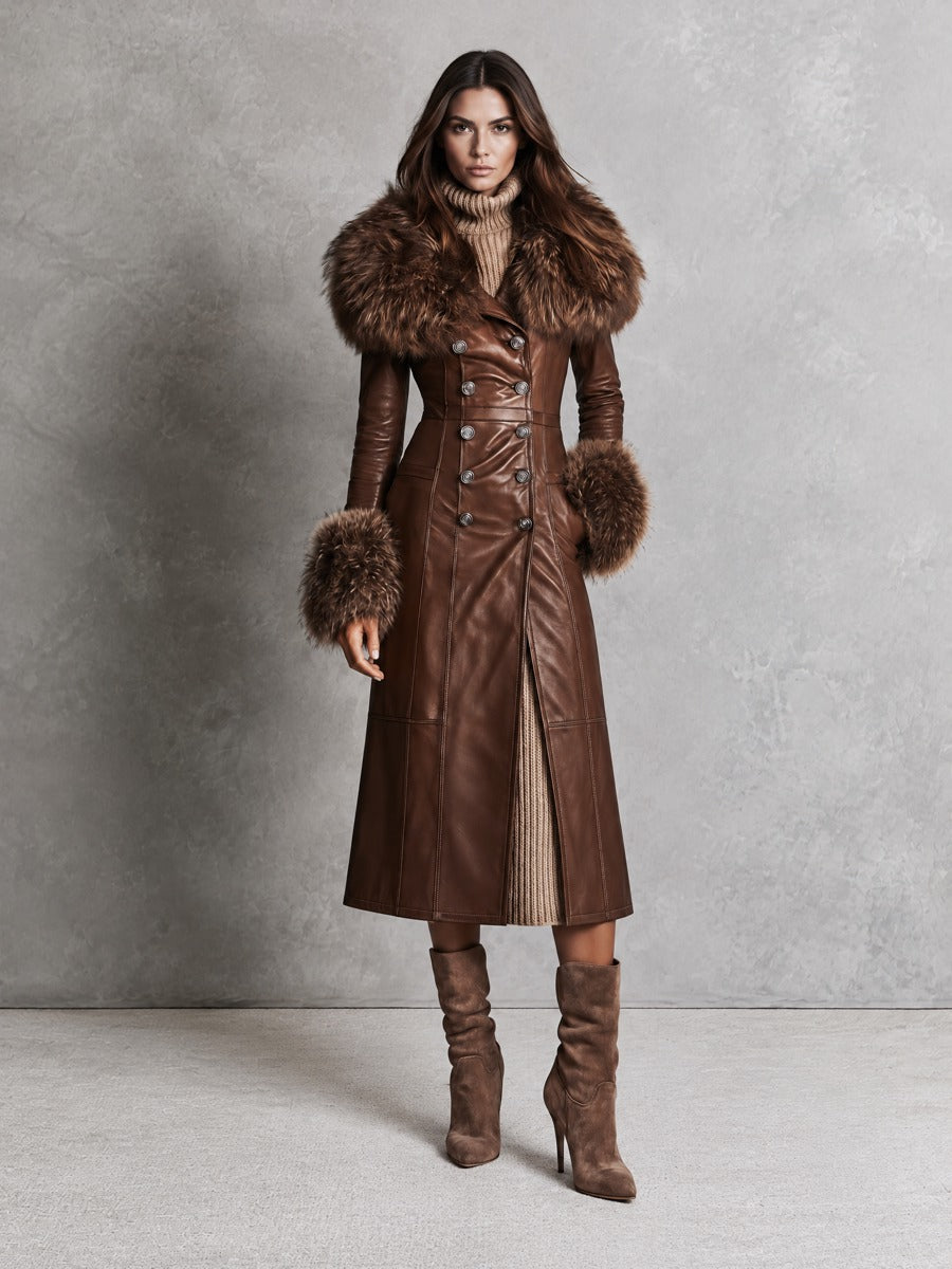 Retro Brown Faux Leather Long Coat with Faux Fur Collar and Double Gathered Detail