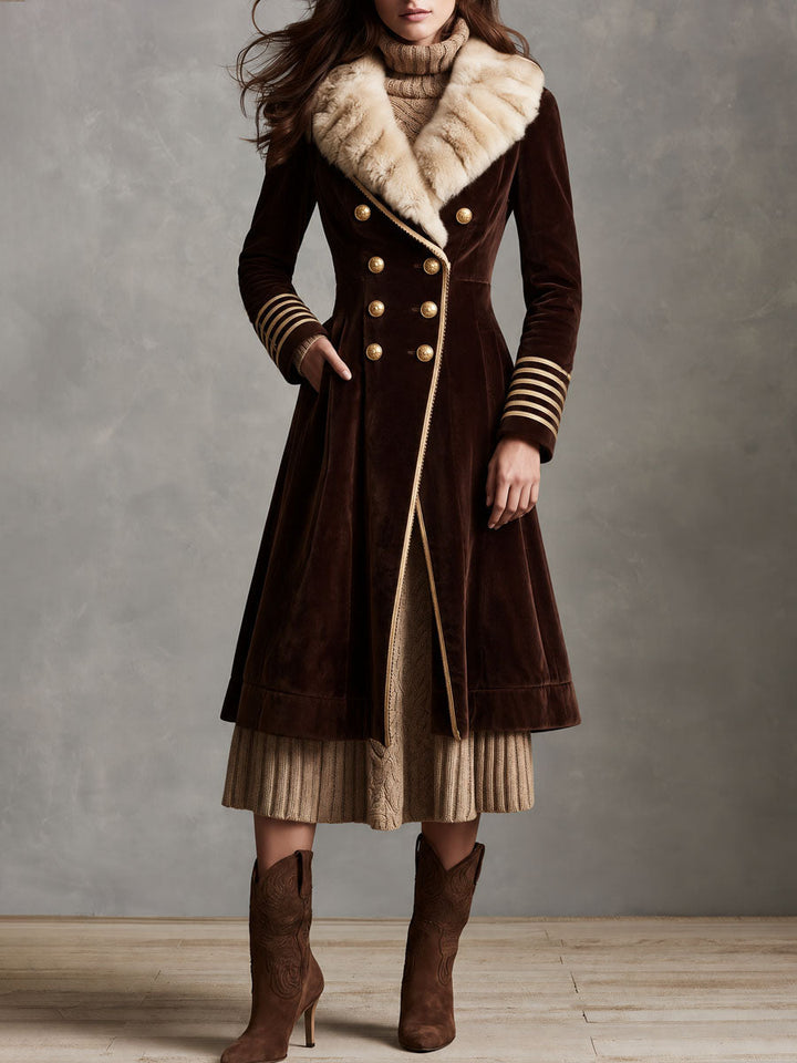 Retro Brown Long Coat in Luxurious Velvety Faux Fur with Double Closure
