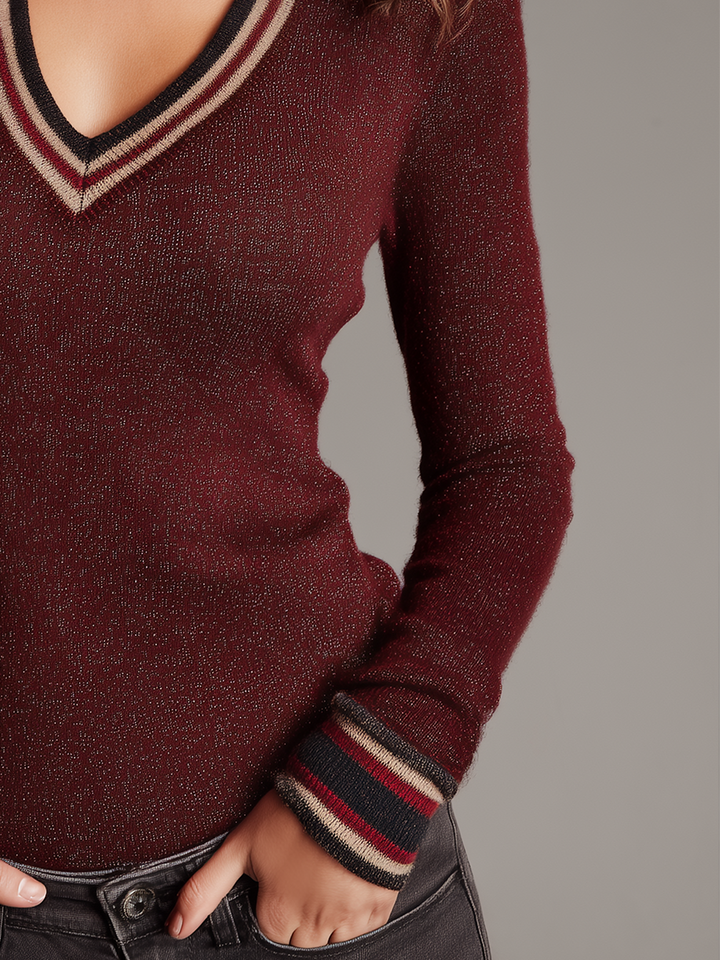 Burgundy V-Neck Classic Striped Knit Top