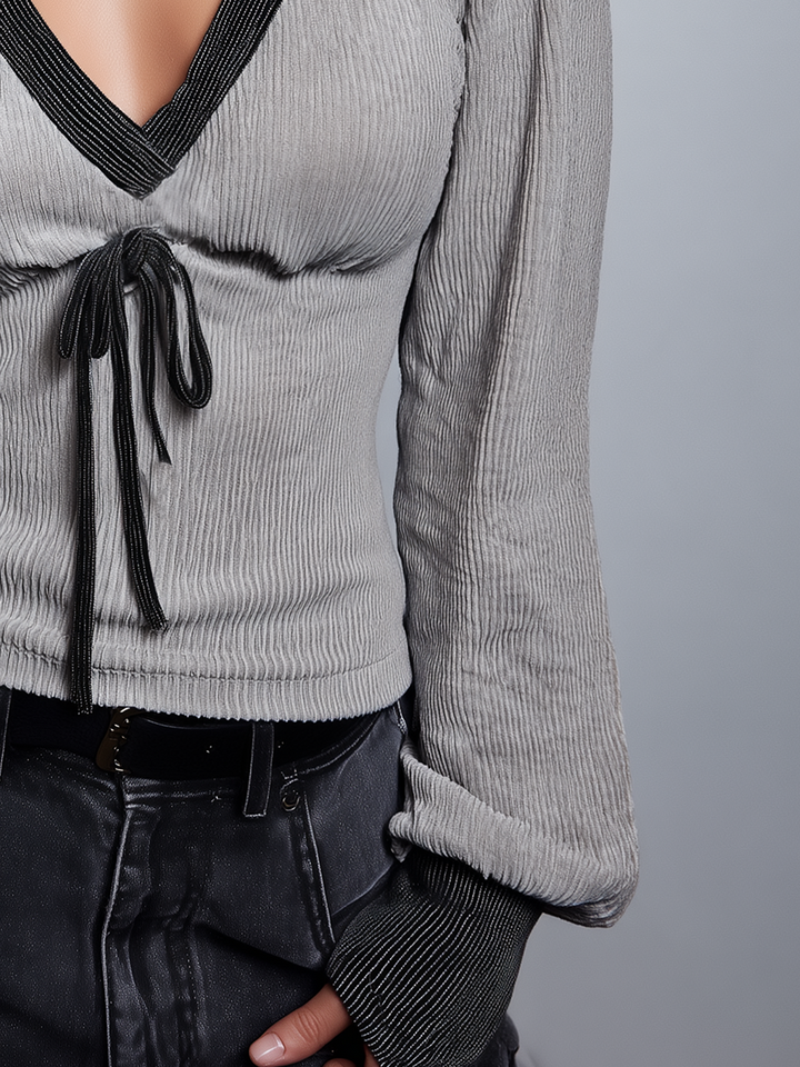 Women's Grey Top Featuring Cord Detail and Deep V-Neck
