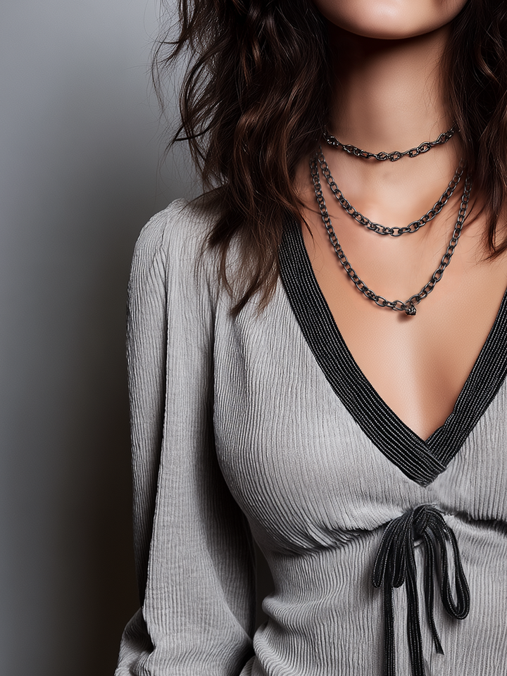 Women's Grey Top Featuring Cord Detail and Deep V-Neck