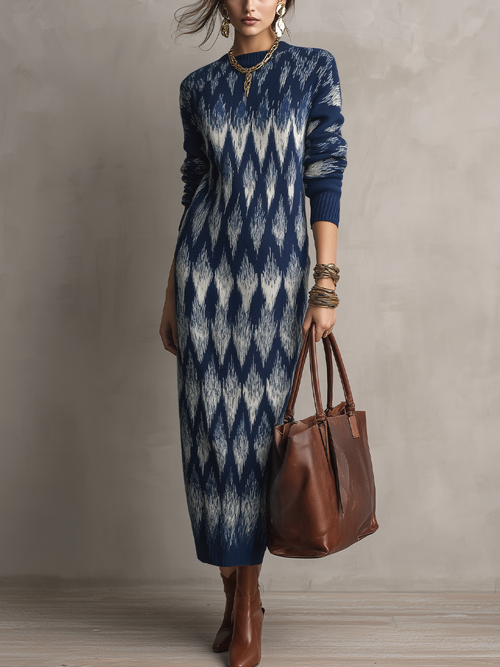 Artistic Navy Abstract Knit Maxi Dress