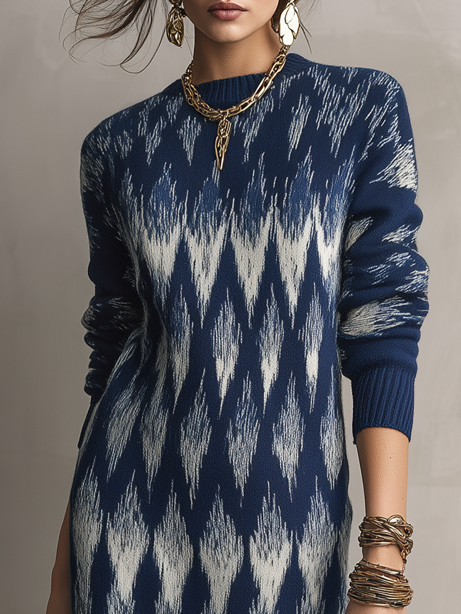Artistic Navy Abstract Knit Maxi Dress