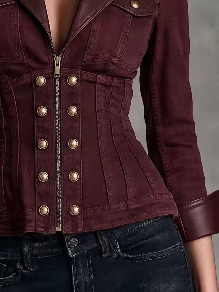 Retro Burgundy Denim Jacket Featuring Faux Leather Sleeves and Collar