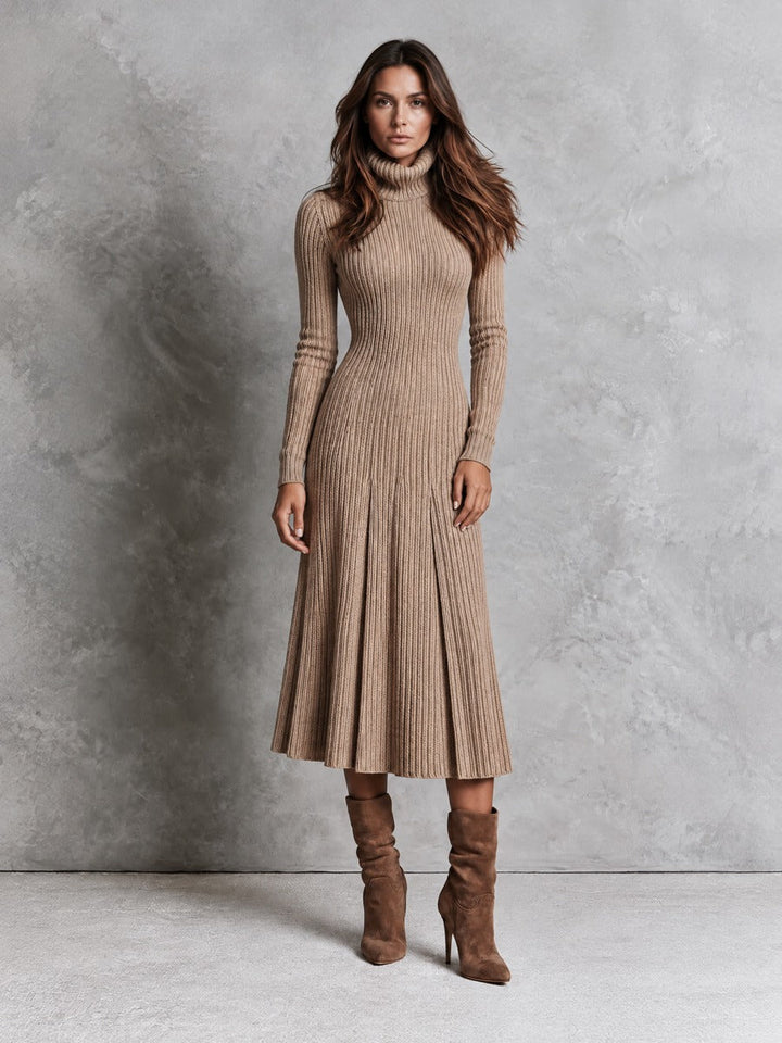 Chic Oat-Colored Midi Knitted Dress with Collar and Pleated Details
