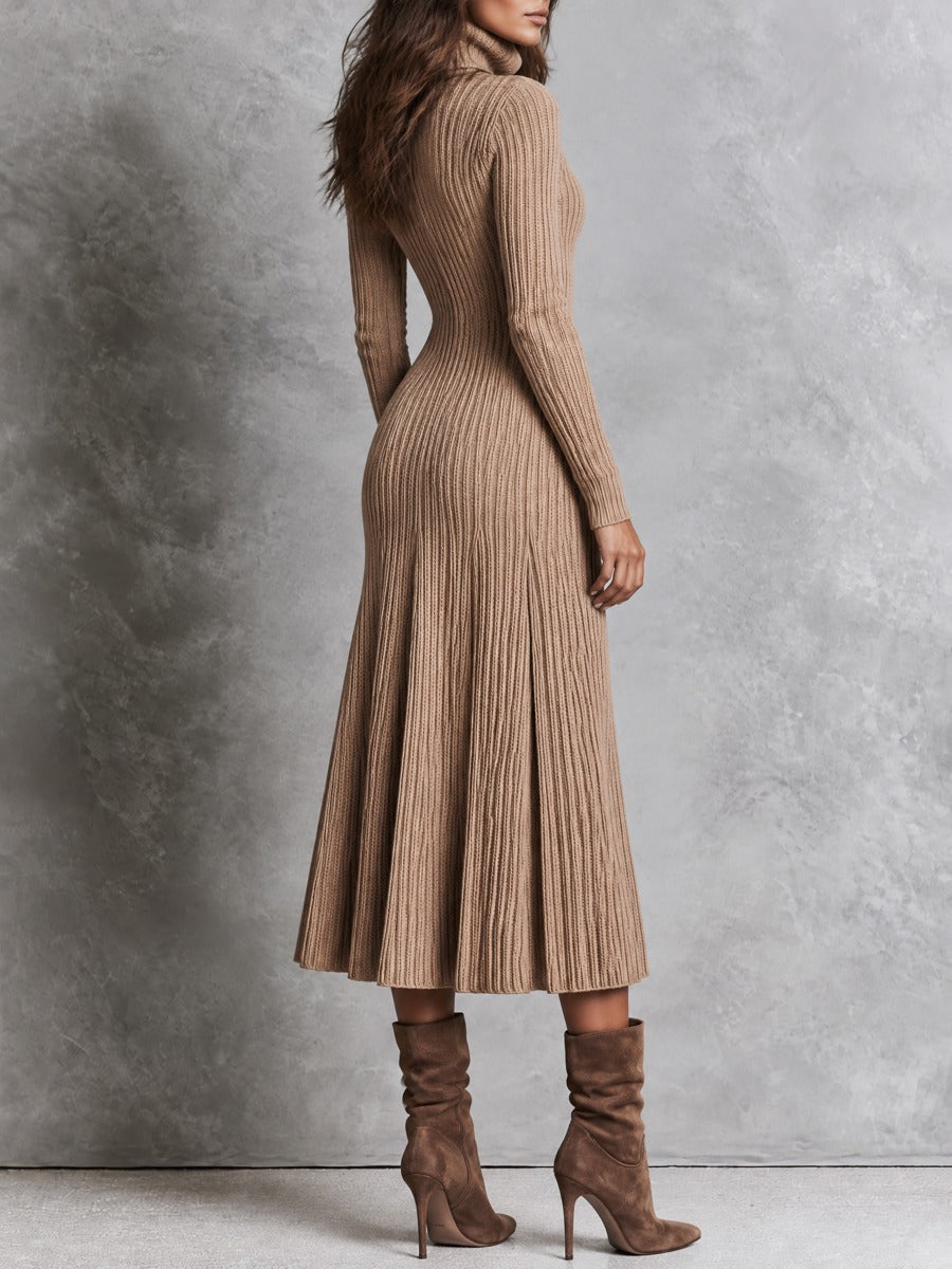 Chic Oat-Colored Midi Knitted Dress with Collar and Pleated Details