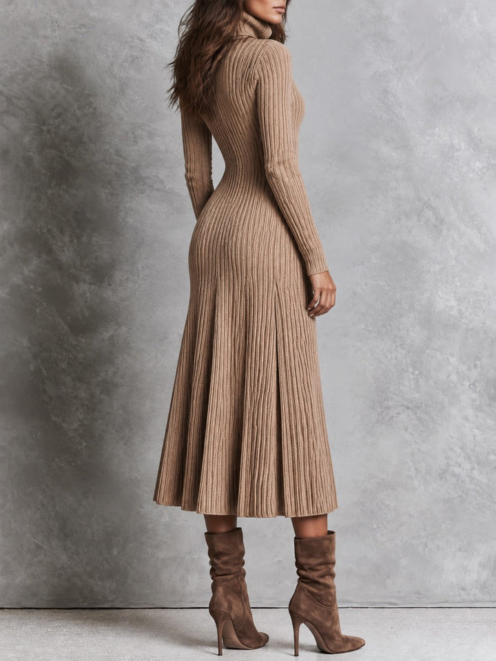 Chic Oat-Colored Midi Knitted Dress with Collar and Pleated Details