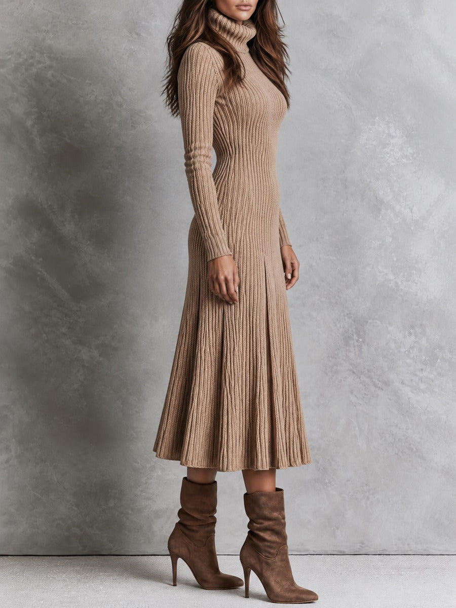 Chic Oat-Colored Midi Knitted Dress with Collar and Pleated Details