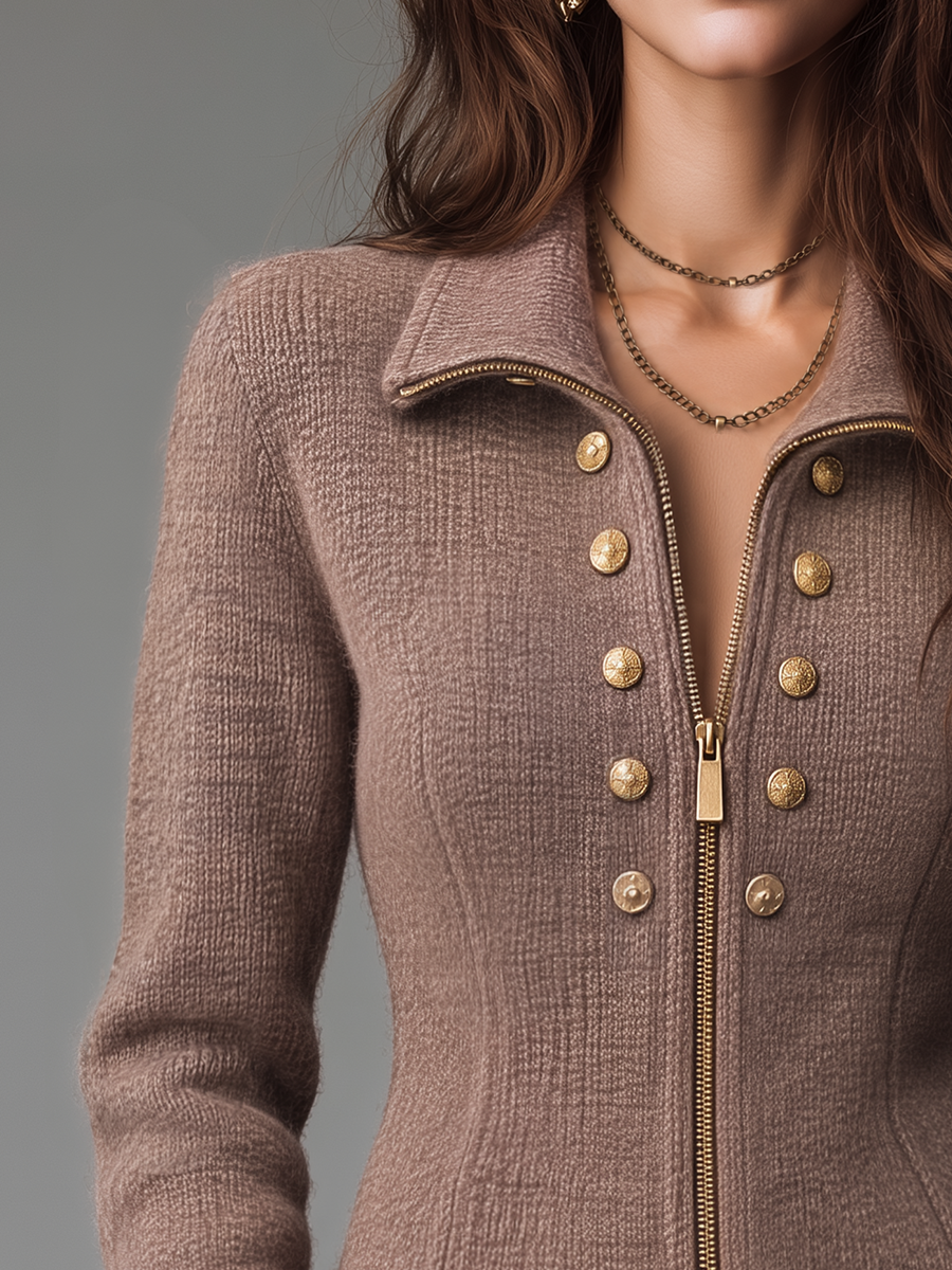 Chic Tan Knitted Zip-Up Jacket