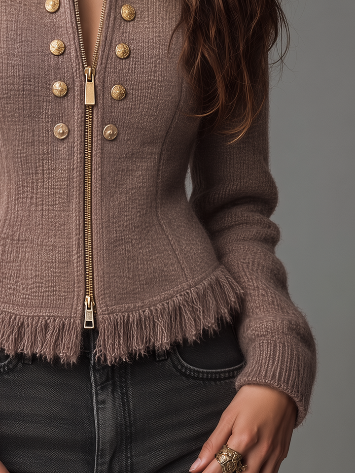 Chic Tan Knitted Zip-Up Jacket