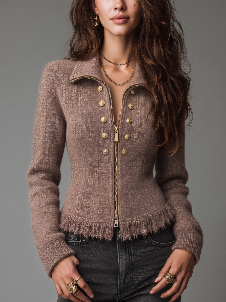 Chic Tan Knitted Zip-Up Jacket