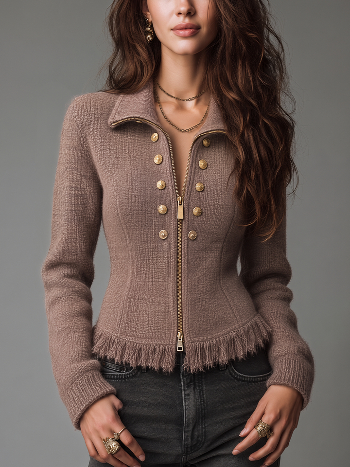 Chic Tan Knitted Zip-Up Jacket