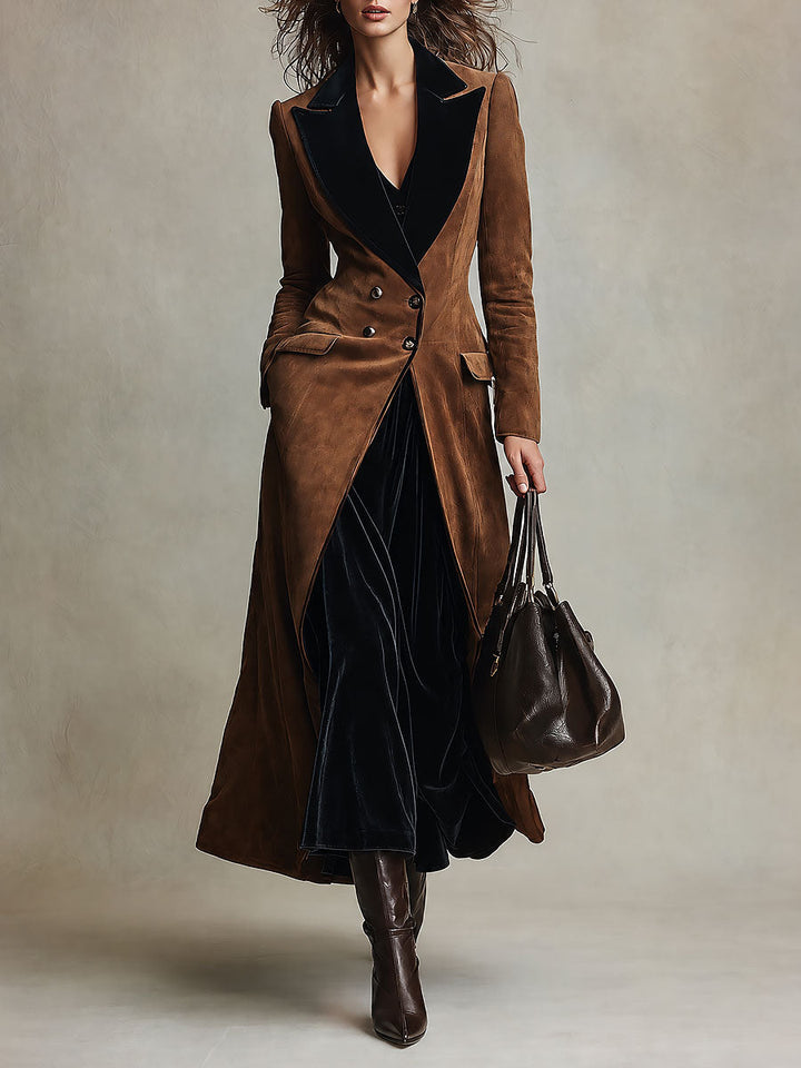 Chic Long Double-Breasted Coat Featuring a Luxurious Velvet Collar
