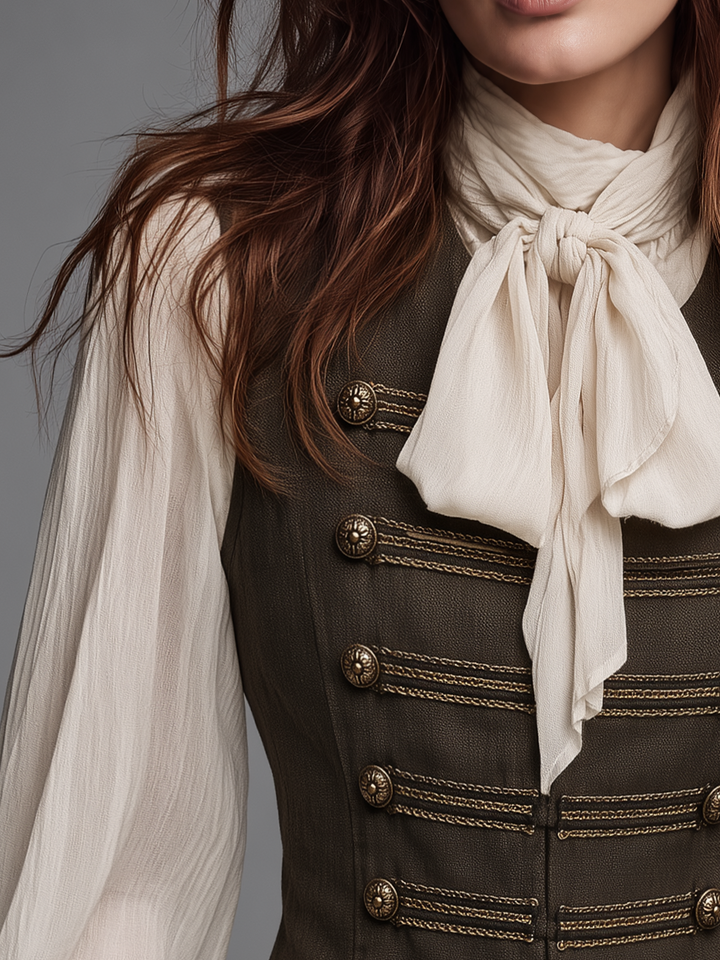 Retro-Style Brown Military Gilet Featuring Buttons