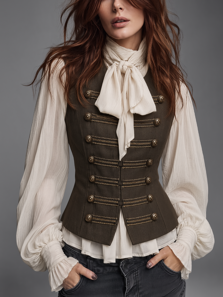 Retro-Style Brown Military Gilet Featuring Buttons