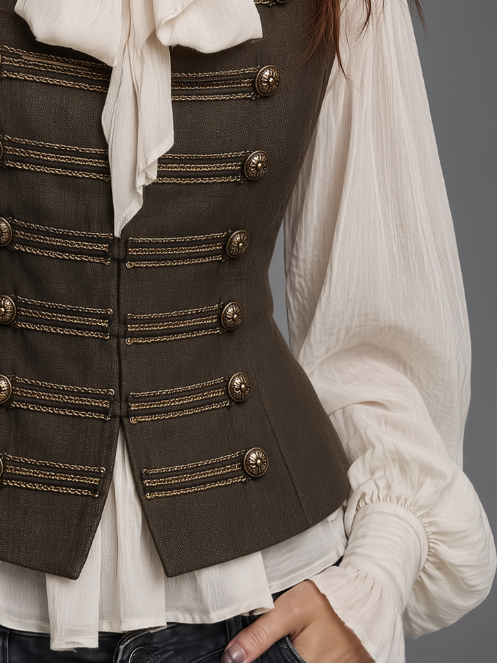 Retro-Style Brown Military Gilet Featuring Buttons