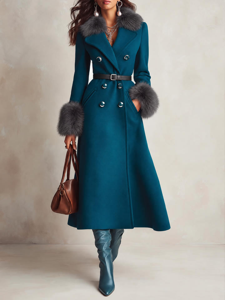 Elegant Long A-Line Wool Winter Coat with Belt and Faux Fur Collar & Cuffs