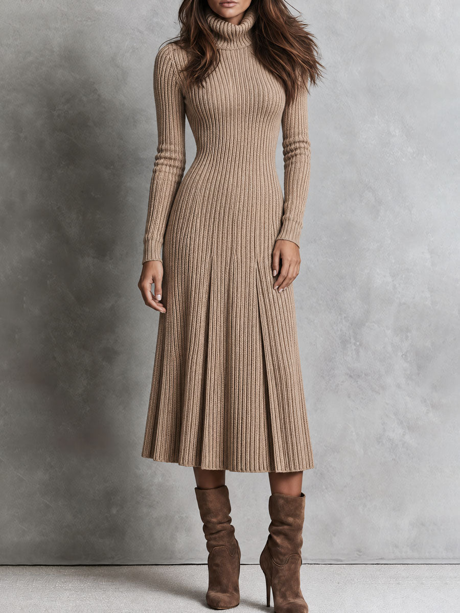 Chic Oat-Colored Midi Knitted Dress with Collar and Pleated Details